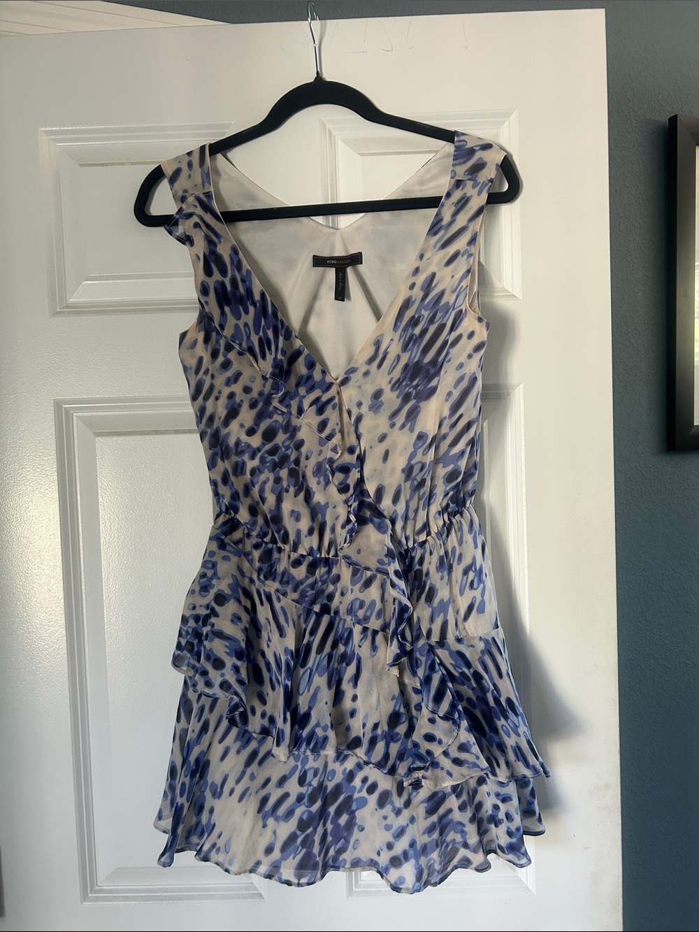 BCBGMaxAzria Blue and White V-Neck Ruffle Mini Dress
